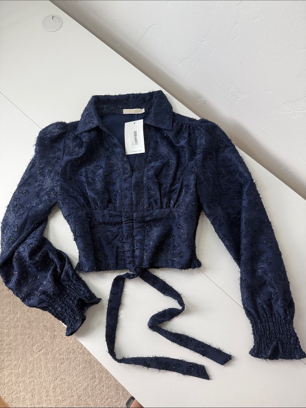 Navy Textured Tie-Front Blouse